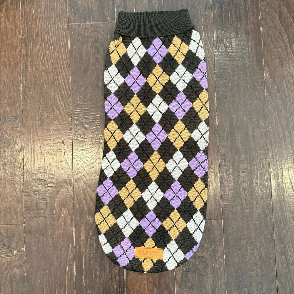 NWT Dr. Marty Argyle Short Sleeve Knit Doggy Sweater Purple Black Size Large Dog